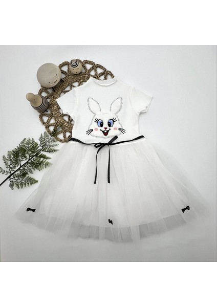 Zarif Tavşan Desenli Beyaz Kız Çocuk Elbisesi modelleri