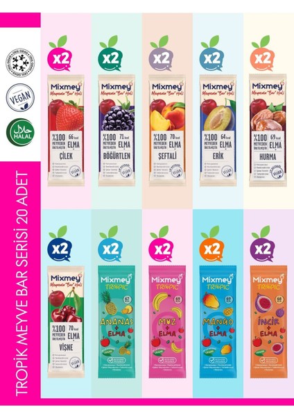 Tropik Meyve Bar Serisi 20 Adet | Sağlıklı Atıştırmalıklar – Vegan, Glutensiz (20GR X 20 ADET)