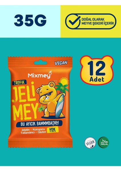 Jelimey Tropik 12 Adet X 35 gr | Jelatinsiz Doğal Tropik Lezzet Gummy Bear | Ayıcık