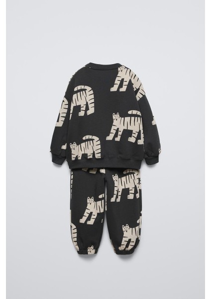 Erkek Çocuk Pamuklu Siyah Kaplan Desenli Sweatshirt Eşofman Takım Kışlık fiyatları