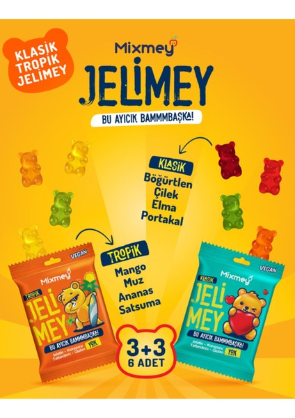 Jelimey Karma 6 Adet x 35 gr (3 Klasik + 3 Tropik Jelatinsiz Doğal Gummy Bear)