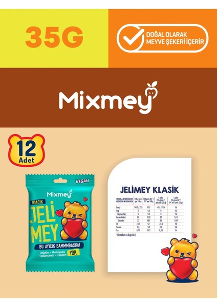 Jelimey Klasik 12 Adet X 35 gr | Jelatinsiz Doğal Klasik Lezzet Gummy Bear | Ayıcık modelleri