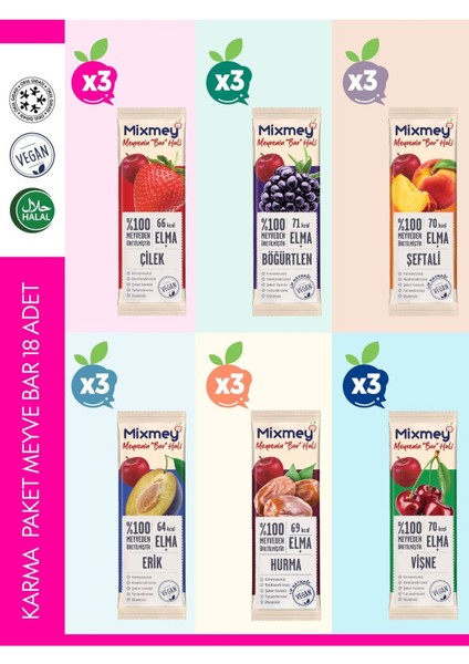 Karma 3 Meyve Bar 18 Adet | Sağlıklı Atıştırmalıklar – Vegan, Glutensiz, Koruyucusuz 20gr X 18 Adet