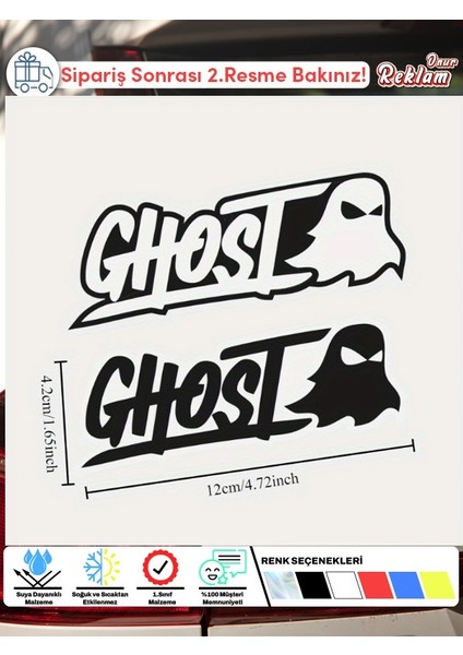 Ghost Yazılı Hayalet Figürlü Araba Stickerı – 7x3 cm – Renkli Holografik Görünümlü Tasarım