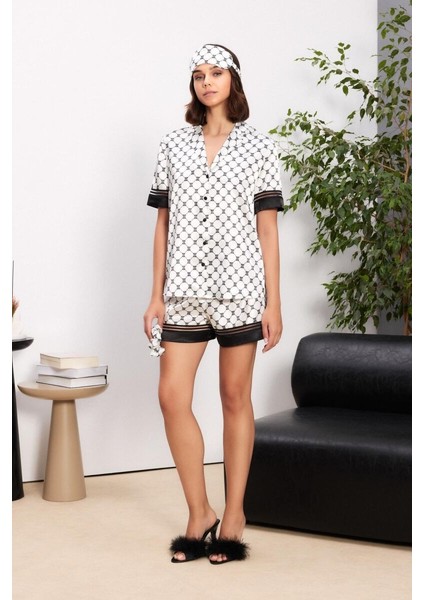 Saten Biyeli Kadın Pijama Şort Takımı 1305 Siyah