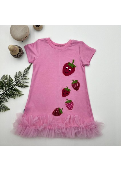 Sevimli Çilek Desenli Pembe Kız Çocuk Elbisesi modelleri