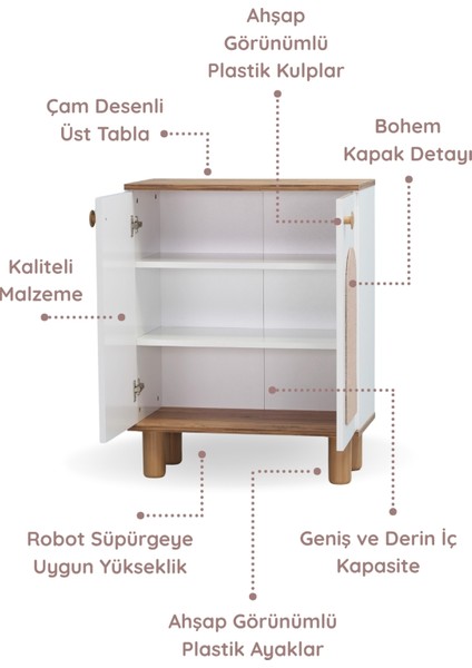 Nora Bohem 2 Kapaklı 3 Raflı Ayakkabılık - Kahve Köşesi - Kiler Dolabı - Bebek Dolabı / Çam - Beyaz