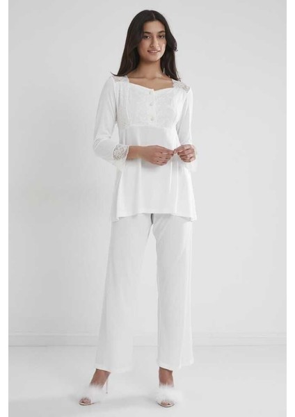 Kadın Penye Dantelli Pijama Takımı 1241 Ekru