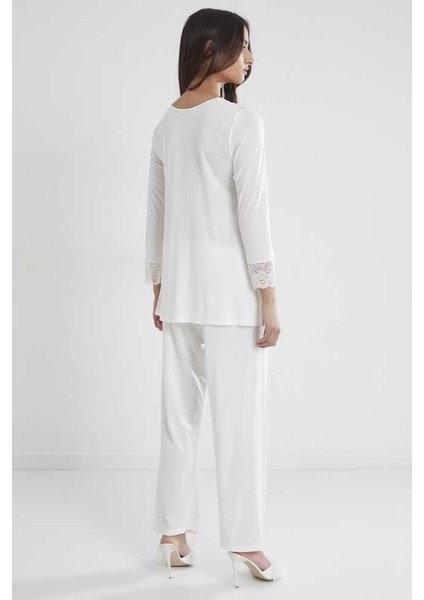 Kadın Penye Dantelli Pijama Takımı 1241 Ekru indirimleri