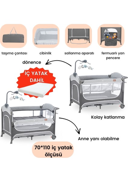 Atlas Plus Anne Yanı Sallanır Cibinlikli Dönenceli Oyun Parkı Park Yatak 70X110 cm + Yataklı