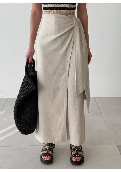 Bağlamalı Etek Görünümlü Pantolon Naturel