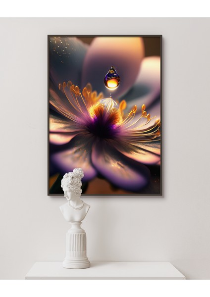 Metal Çerçeveli Gerçek Camlı Tablo - Dijital Baskı - Mor Çiçek ve Damla -1