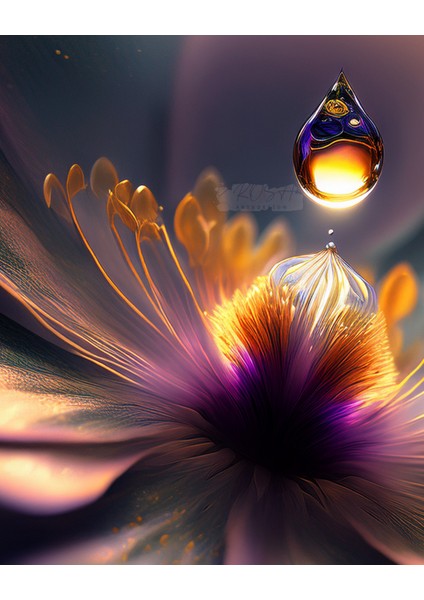 Metal Çerçeveli Gerçek Camlı Tablo - Dijital Baskı - Mor Çiçek ve Damla -1 fiyatları