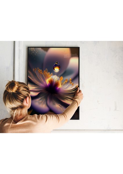 Metal Çerçeveli Gerçek Camlı Tablo - Dijital Baskı - Mor Çiçek ve Damla -1 fırsatları