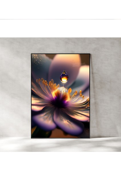 Metal Çerçeveli Gerçek Camlı Tablo - Dijital Baskı - Mor Çiçek ve Damla -1 indirimleri