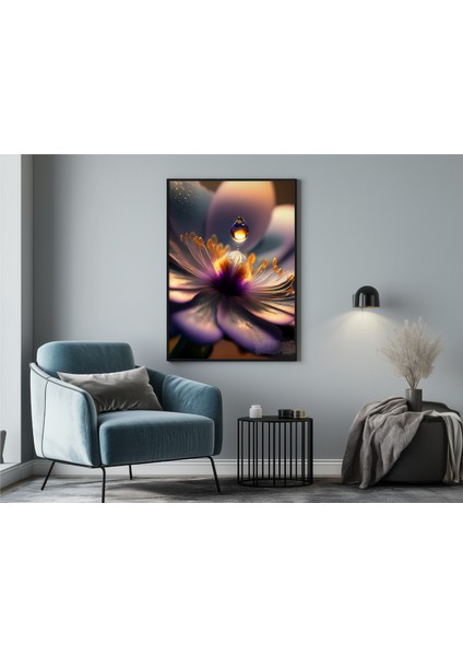 Metal Çerçeveli Gerçek Camlı Tablo - Dijital Baskı - Mor Çiçek ve Damla -1