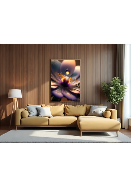 Metal Çerçeveli Gerçek Camlı Tablo - Dijital Baskı - Mor Çiçek ve Damla -1