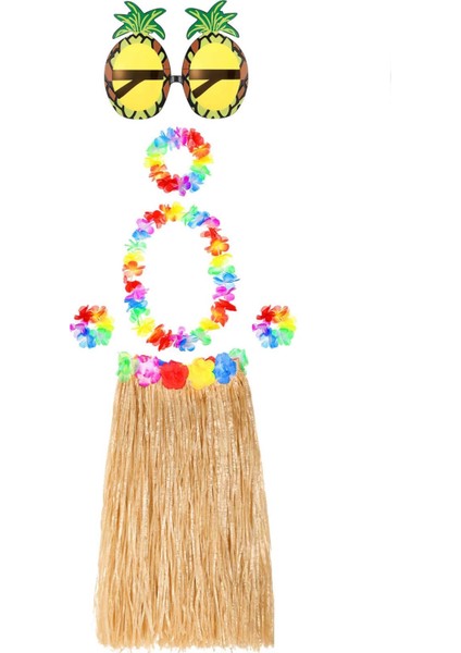 Hawaii Parti Kostüm Seti - 60 cm Hasır Etek, Çiçekli Aksesuarlar ve Ananas Gözlük fiyatları