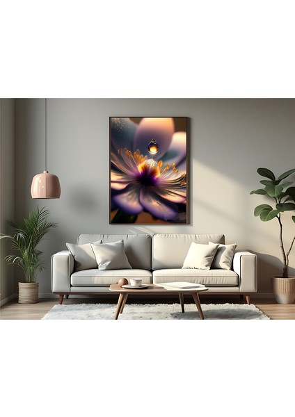 Metal Çerçeveli Gerçek Camlı Tablo - Dijital Baskı - Mor Çiçek ve Damla -1