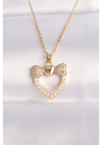 Bfs 316L Çelik Zincir Altın Renk Inci Taş Detay Zirkon Taşlı Kalp Kolye