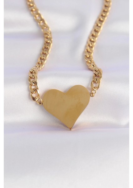 Bfs 316L Çelik Zincir Altın Renk Düz Plaka Kalp Kolye