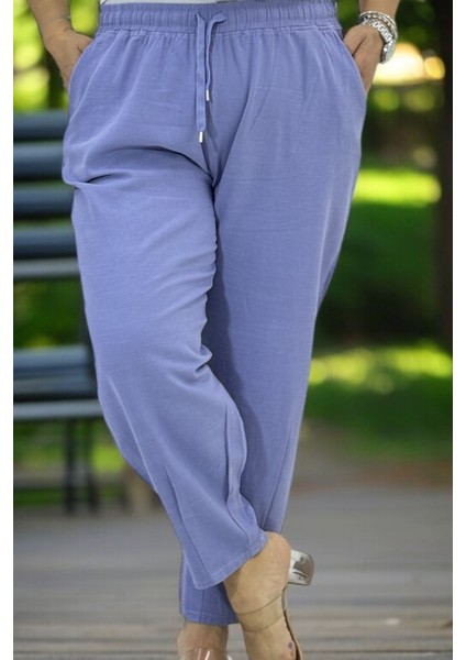 Beli Lastikli Bağcıklı Paçaları Pileli Büyük Beden Pamuklu Keten Pantolon