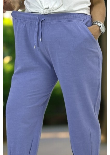 Beli Lastikli Bağcıklı Paçaları Pileli Büyük Beden Pamuklu Keten Pantolon fiyatları