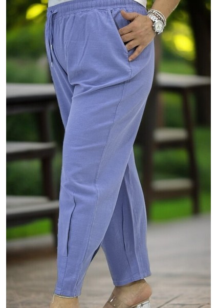 Beli Lastikli Bağcıklı Paçaları Pileli Büyük Beden Pamuklu Keten Pantolon indirimleri