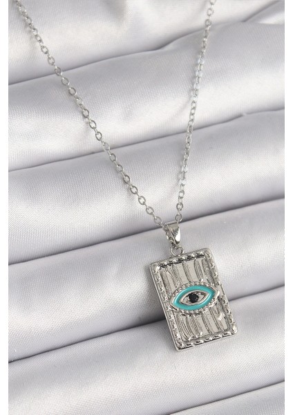 Bfs 316L Çelik Gümüş Renk Zirkon Taşlı Göz Işleme Detaylı Plaka Model Kadın Kolye