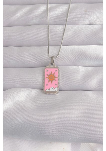 Bfs 316L Çelik Gümüş Renk Pembe Mineli Güneş Model Tarot Kolye