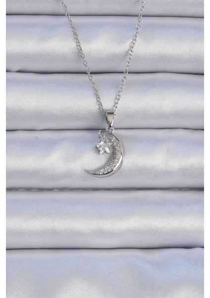 Bfs 316L Çelik Zincir Gümüş Renk Zirkon Taşlı Sallantılı Ay Yıldız Kolye
