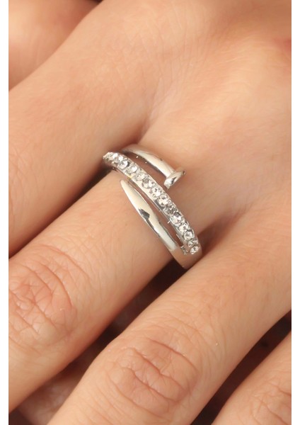 Bfs Gümüş Renk Taşlı Çivi Ayarlanabilir Kadın Yüzük