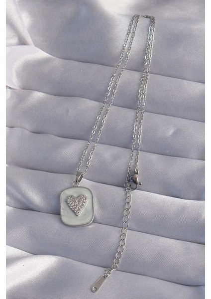Bfs 316L Çelik Zincir Mermer Desenli Gümüş Renk Zirkon Taşlı Kalp Model Kolye fiyatları