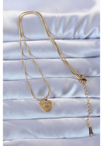 Bfs 316L Altın Renk Zirkon Taşlı Işlemeli Göz Detay Kalp Kolye fiyatları