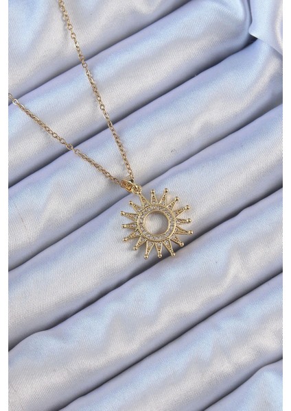 Bfs 316L Çelik Zincir Altın Renk Zirkon Taşlı Parlayan Güneş Kolye