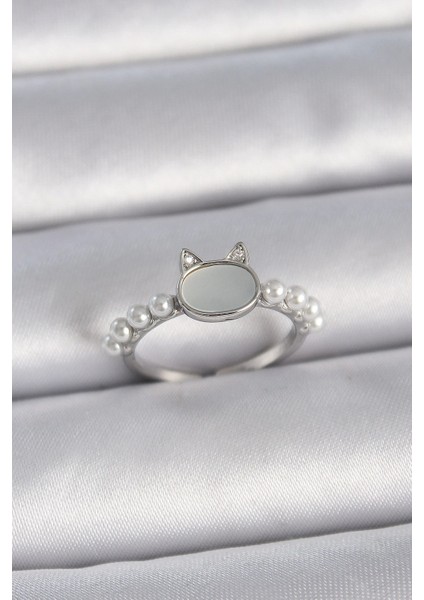 Bfs Pirinç Gümüş Renk Ayarlanabilir Beyaz Mineli Kedi Model Inci Detay Kadın Yüzük