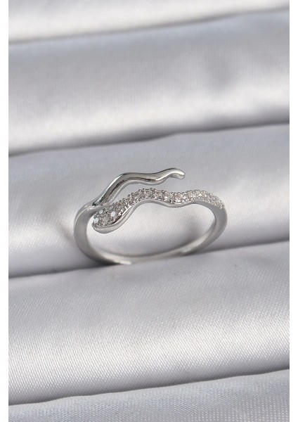 Bfs Pirinç Gümüş Renk Zirkon Taşlı Yılan Ayarlanabilir Model Kadın Yüzük