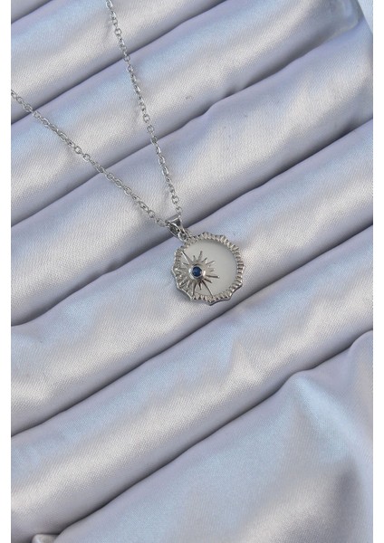 Bfs 316L Çelik Gümüş Renk Zirkon Taşlı Mineli Kutup Yıldızı Kolye