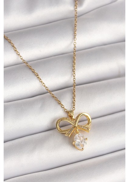 Bfs 316L Çelik Gold Renk Zincir Zirkon Taşlı Kurdele Model Kadın Kolye