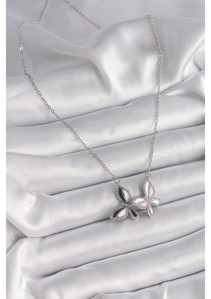 Bfs 316L Çelik Gümüş Renk Zincir Zirkon Taşlı Renkli Kelebek Model Kadın Kolye fiyatları