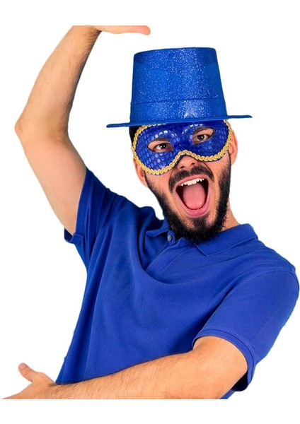 Bfs Mavi Renk Parıltılı Simli Fötr Silindir Parti Şapkası