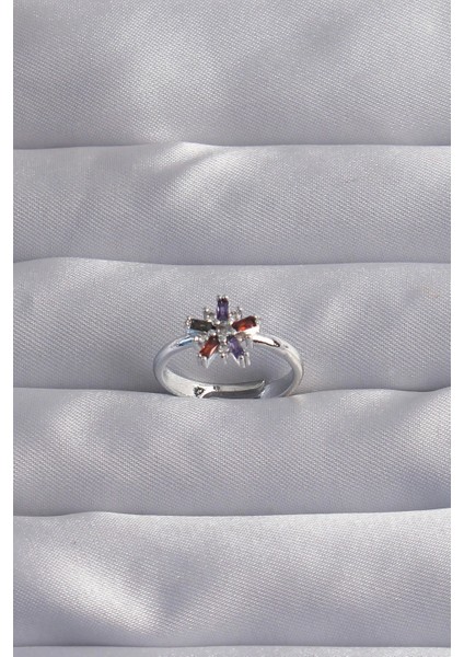 Bfs Pirinç Gümüş Renk Renkli Zirkon Taşlı Ayarlamalı Yüzük