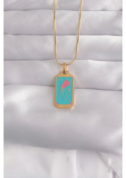 Bfs 316L Çelik Gold Renk Mavi Mineli Tarot Kolye