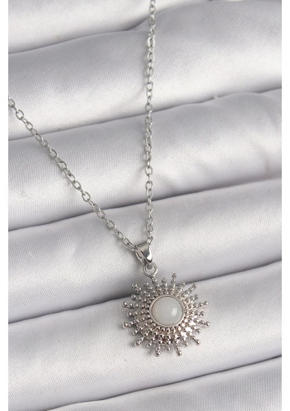 Bfs 316L Çelik Gümüş Renk Zincir Beyaz Mineli Güneş Model Kadın Kolye