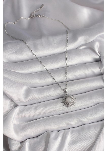 Bfs 316L Çelik Gümüş Renk Zincir Beyaz Mineli Güneş Model Kadın Kolye fiyatları