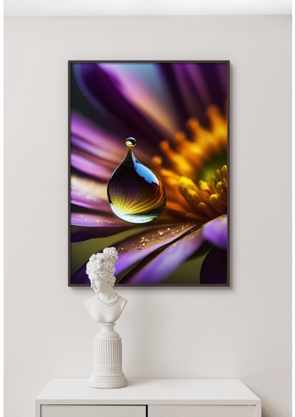 Metal Çerçeveli Gerçek Camlı Tablo - Dijital Baskı - Mor Çiçek ve Damla -2