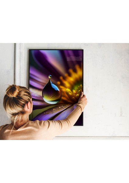 Metal Çerçeveli Gerçek Camlı Tablo - Dijital Baskı - Mor Çiçek ve Damla -2 fırsatları