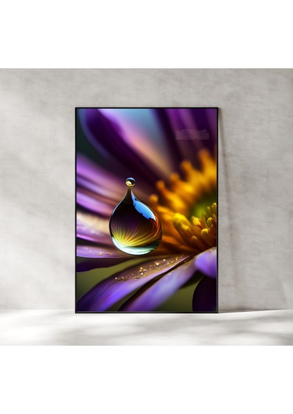Metal Çerçeveli Gerçek Camlı Tablo - Dijital Baskı - Mor Çiçek ve Damla -2 indirimleri