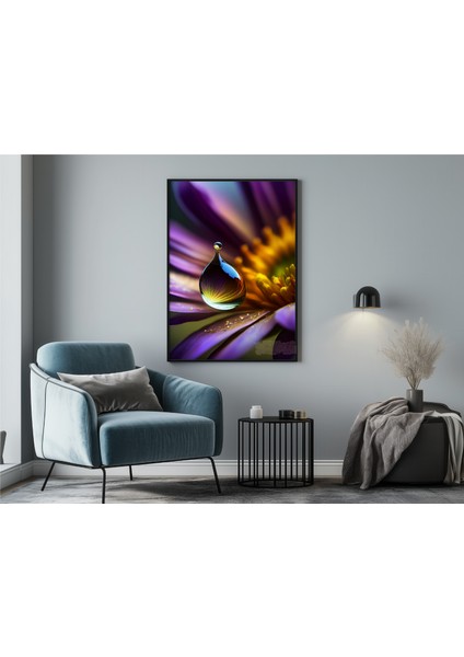 Metal Çerçeveli Gerçek Camlı Tablo - Dijital Baskı - Mor Çiçek ve Damla -2