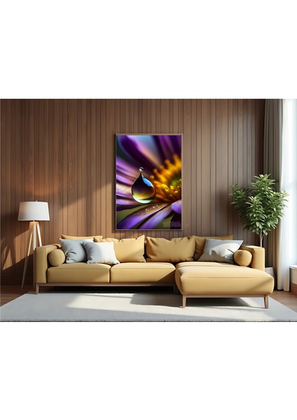 Metal Çerçeveli Gerçek Camlı Tablo - Dijital Baskı - Mor Çiçek ve Damla -2